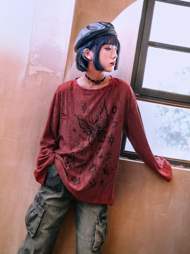 Butterfly Print Red distressed long-sleeve top