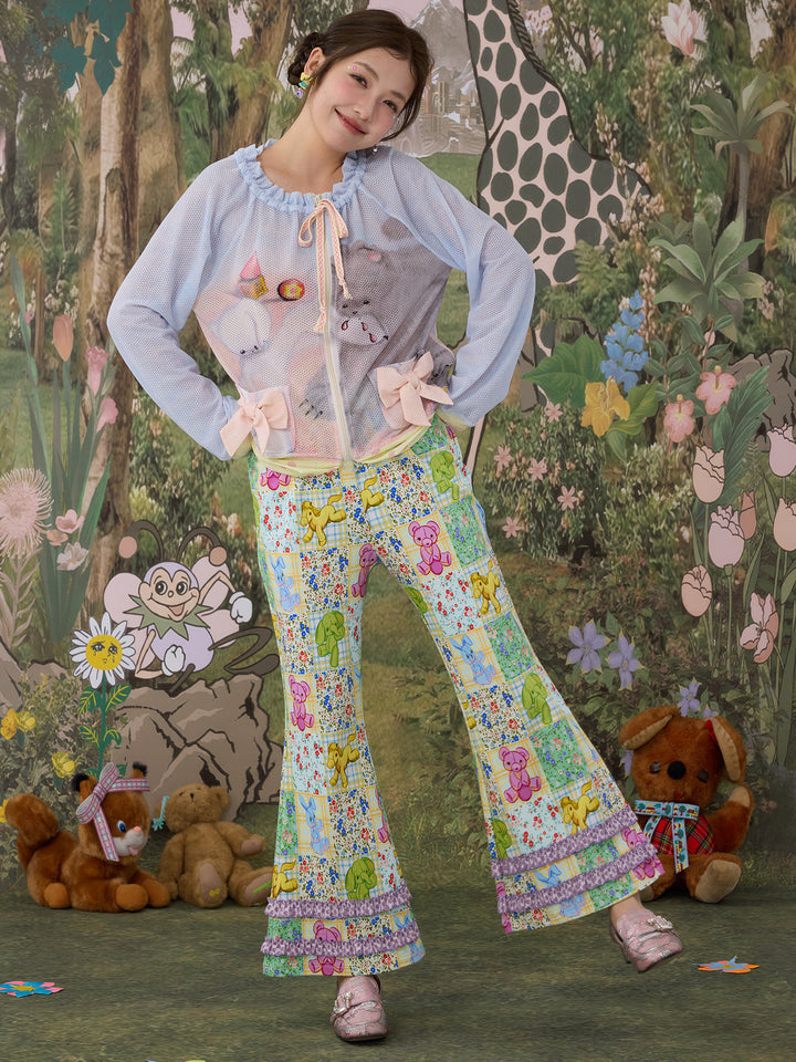 Patchwork Animal Floral Ruffle Flare Pants