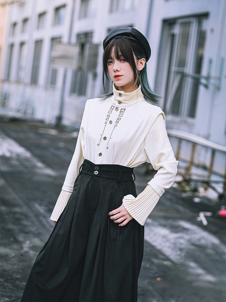 Chinese-style Embroidered Pleated Sleeve Stand Collar Shirt