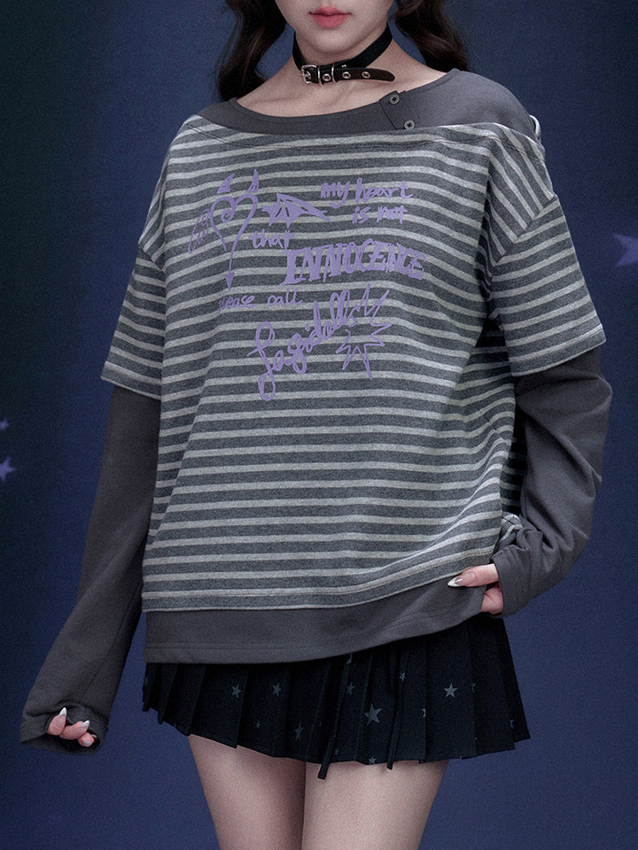 Street Striped Graffiti Print Faux Two Piece Top