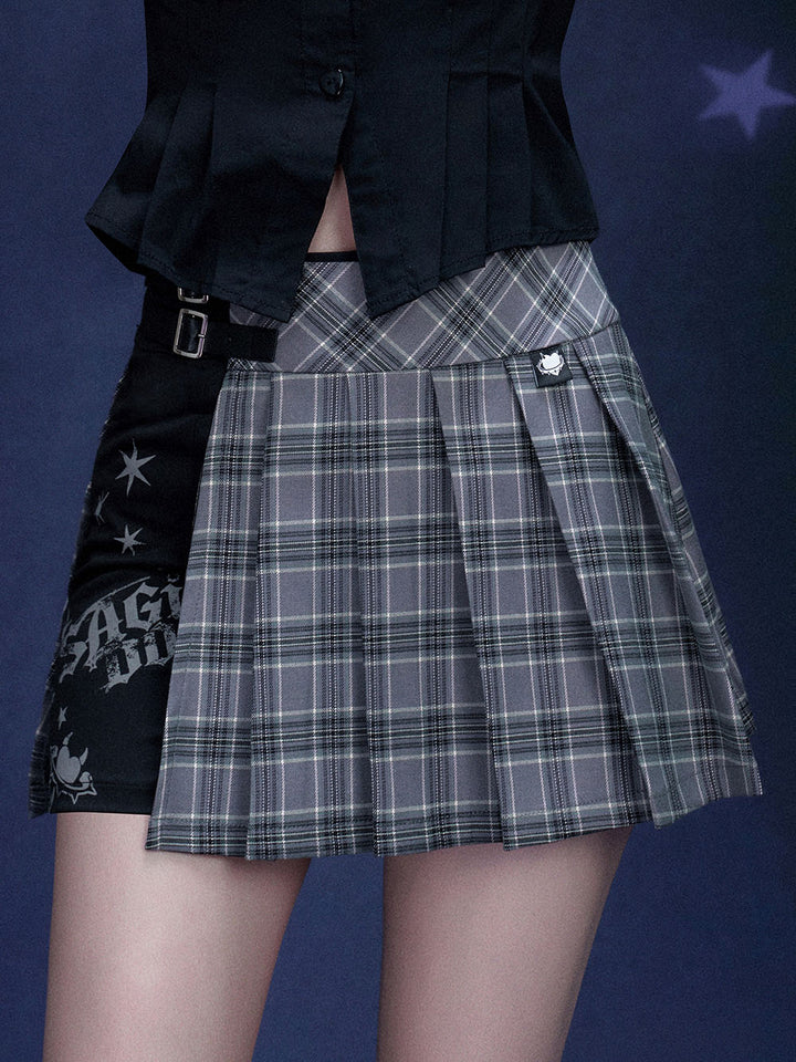 Gray Plaid Buckle Panel Pleated Mini Skirt