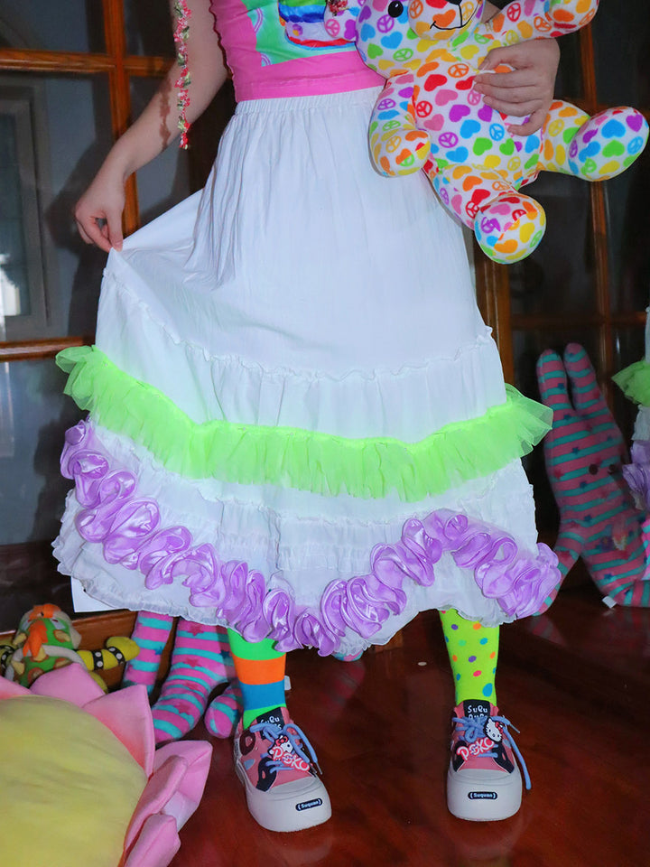 White Fairy Kei Contrast Ruffle Midi Skirt