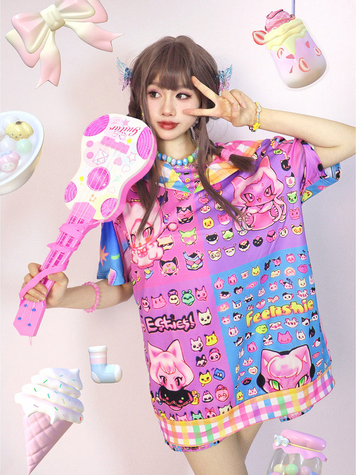 Kawaii Cat Print Sailor Collar T-Shirt