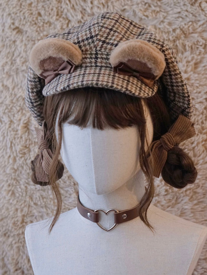 Brown Houndstooth Bear Ear Beret