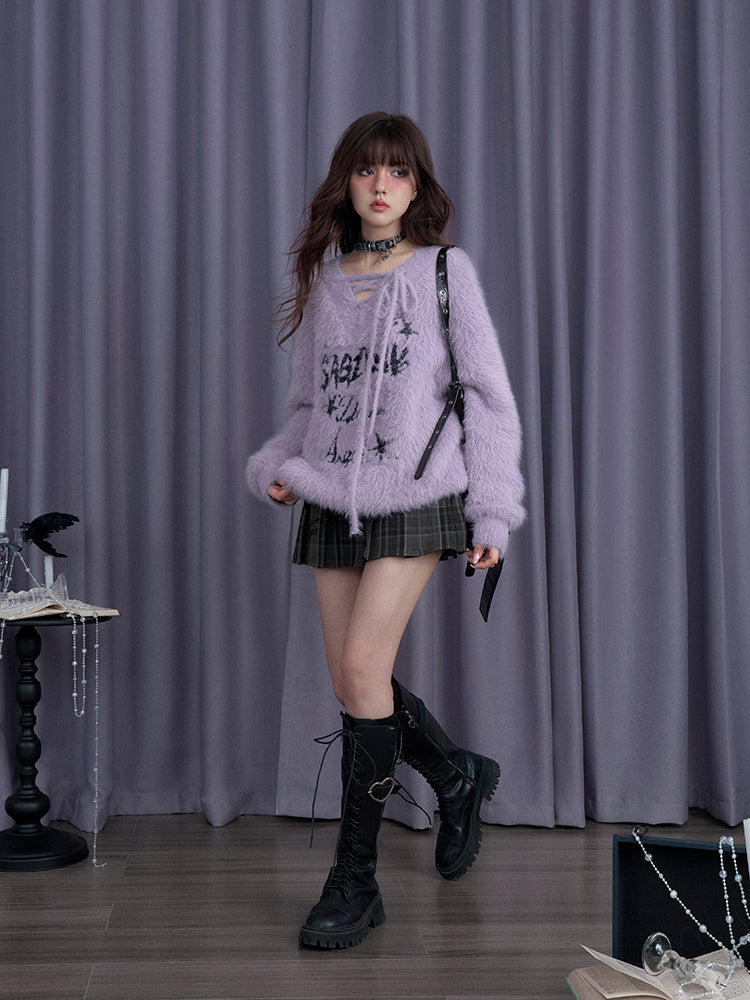 Purple V-Neck Decorative Tie Faux Mink Loose Sweater