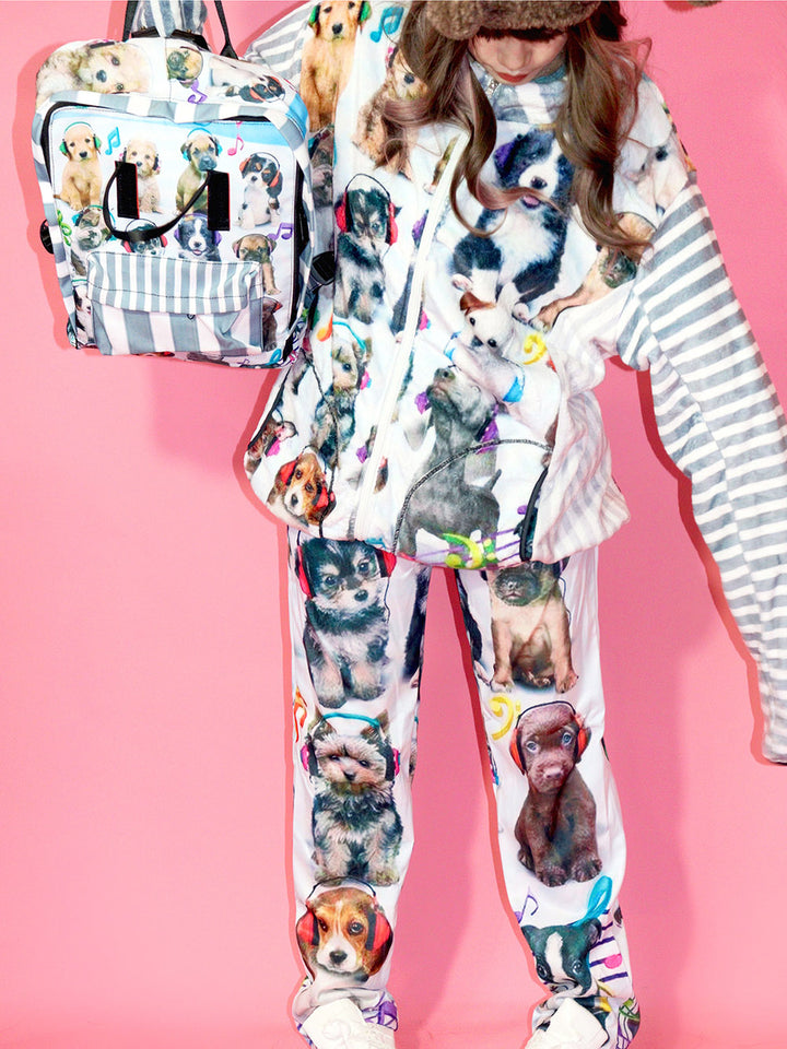 Puppy Print Striped Pocket Backpack