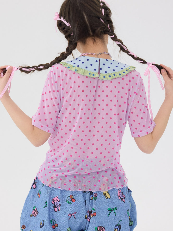 Pink Polka Dot Ruffle Collar Shirt