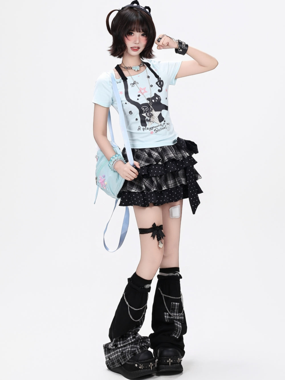 Faux Halter Kawaii Cat Graphic Tee
