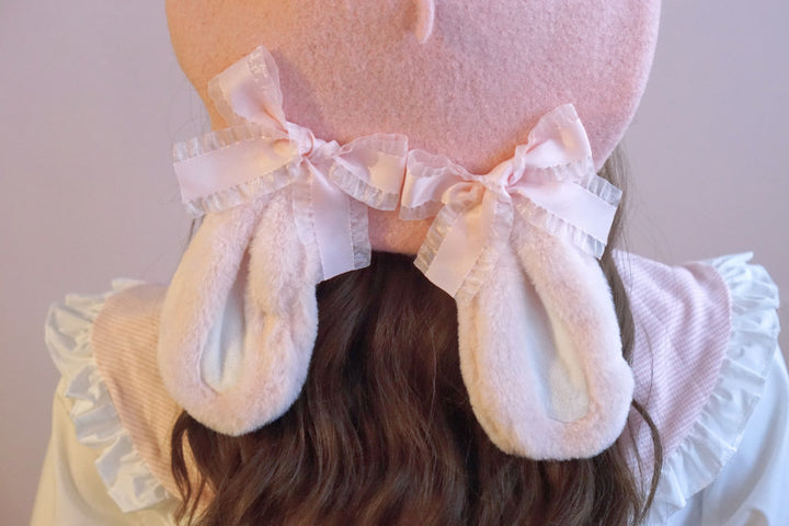 Pink Bunny Ear Bow Wool Beret