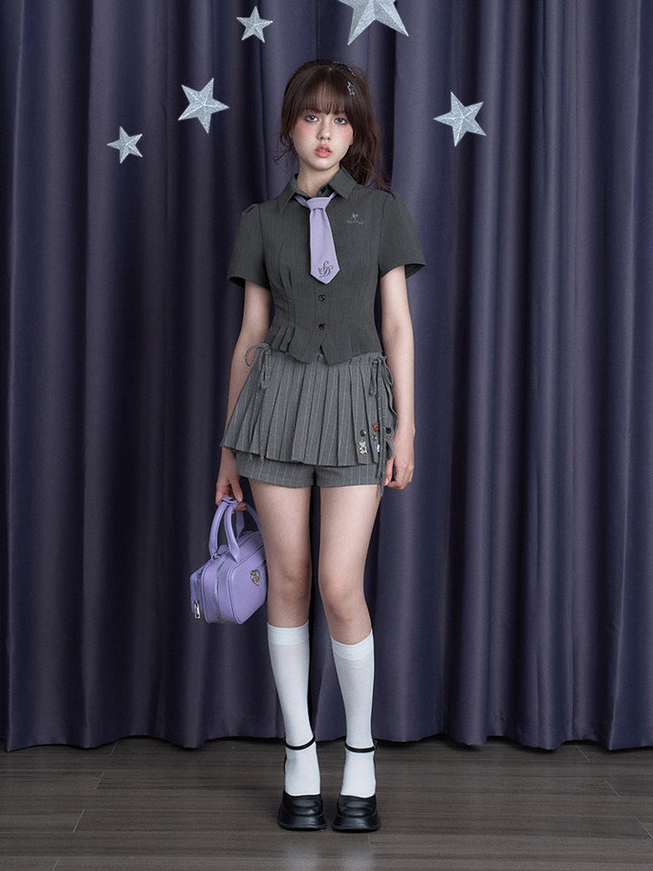 Gray Pinstripe Bow Pleated Skort
