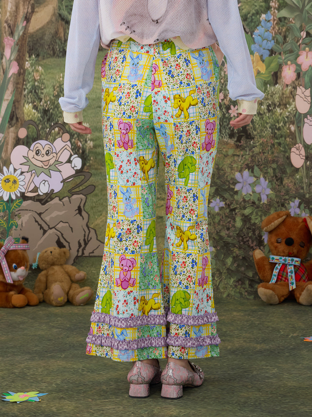 Patchwork Animal Floral Ruffle Flare Pants
