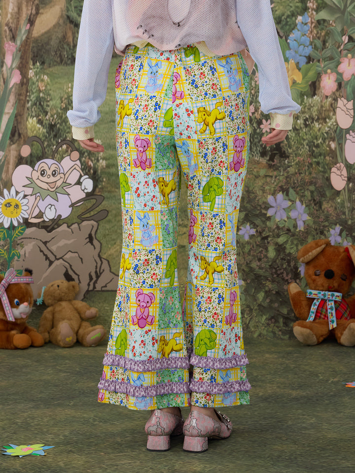 Patchwork Animal Floral Ruffle Flare Pants
