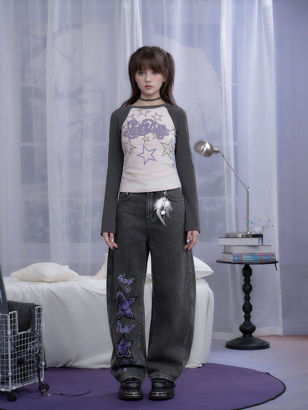 Dark Gray Plaid Star Wide Leg Jeans