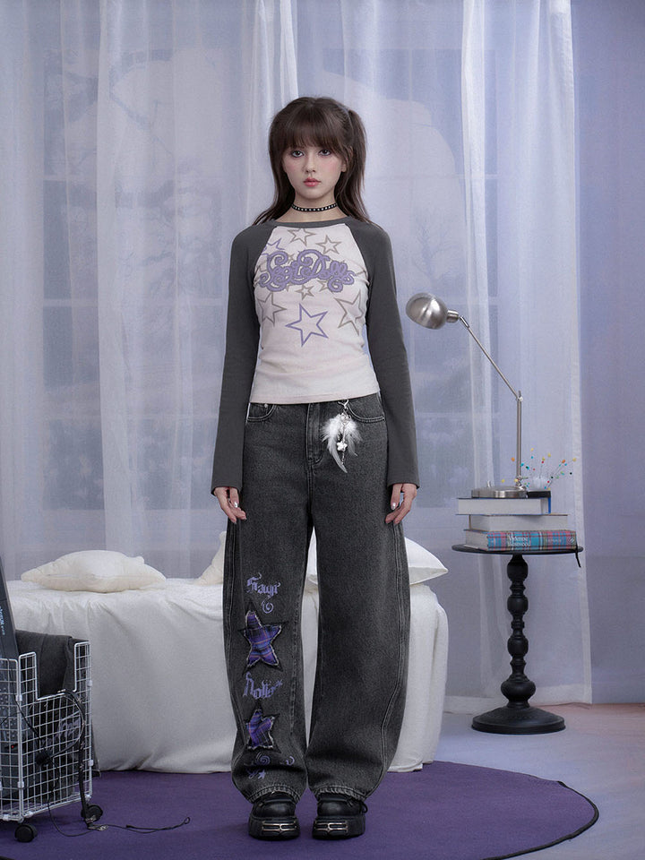 Dark Gray Plaid Star Wide Leg Jeans