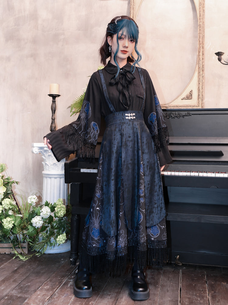 Blue Tears' Black Sweet-Cool Style Shirt with Double-Layer Sleeves