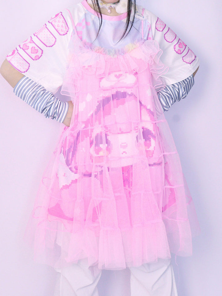 Pink Sheer Ruffle Tiered Cami Dress