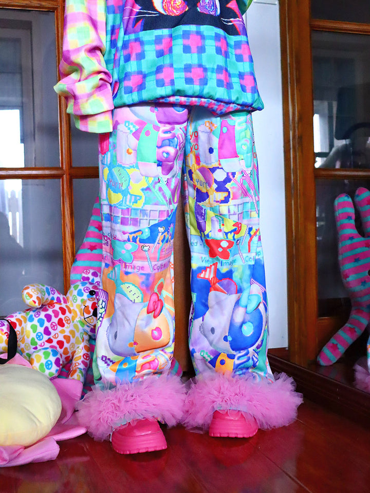 Colorful Character Fluffy Trim Pants