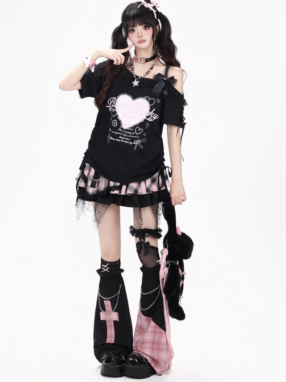 Asymmetric Plaid Cross Patch Goth Leg Warmers