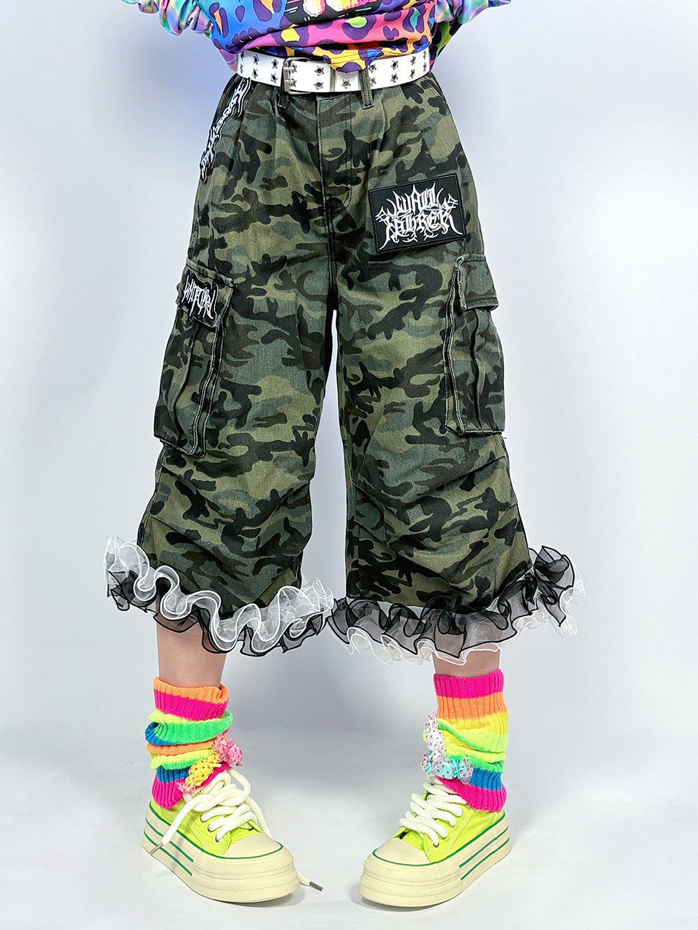 Camo Ruffle Hem Cargo Pants