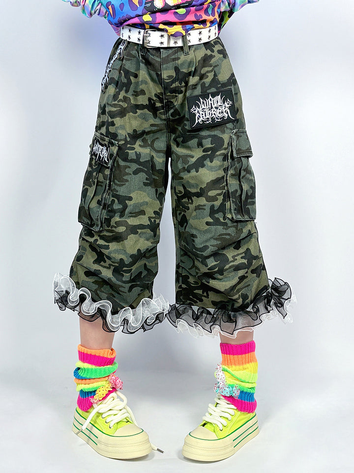 Camo Ruffle Hem Cargo Pants