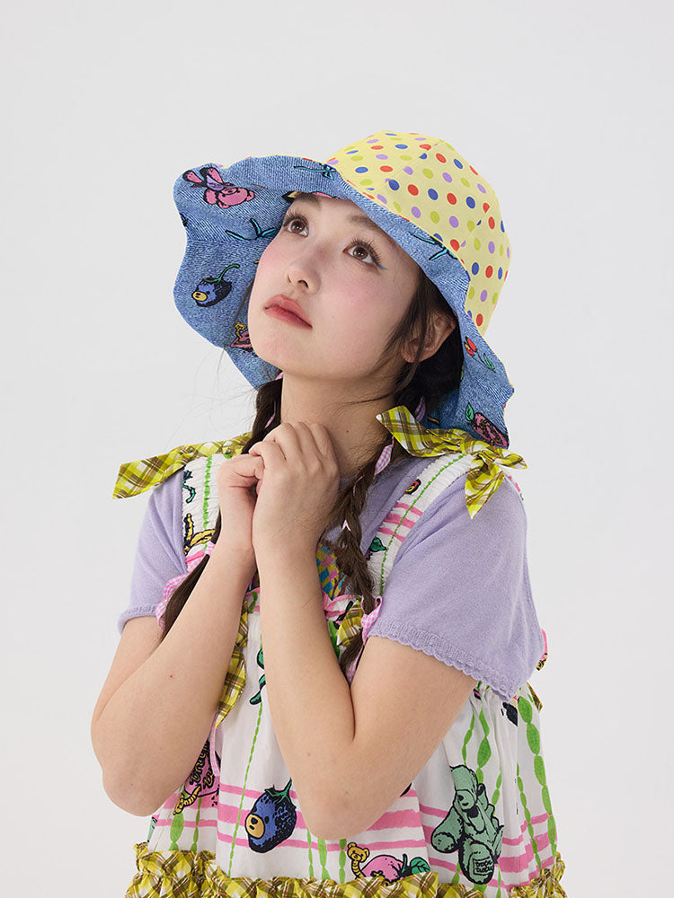 Blue Cartoon Polka Dot Wavy Bucket Hat