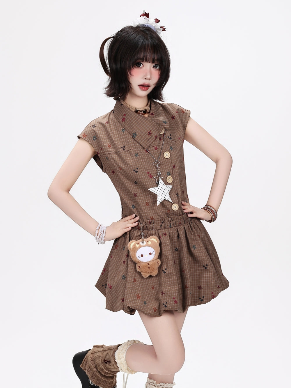 Star Print Plaid Bubble Dress