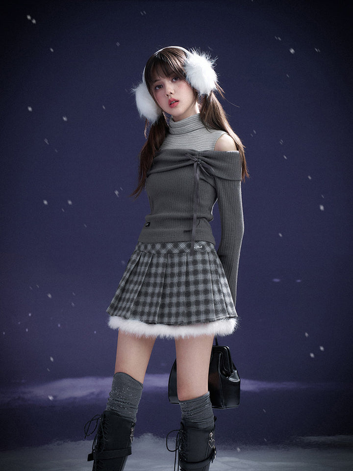 Gray Plaid Fuzzy Trim Pleated Mini Skirt