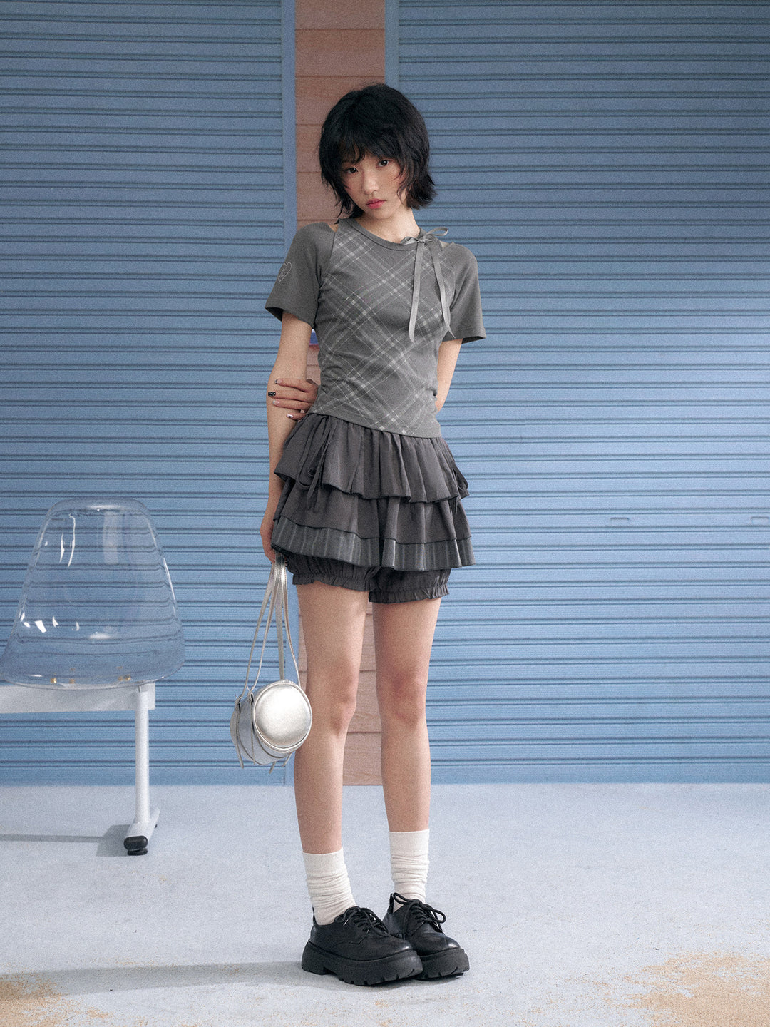 Gray Plaid Bow Cutout Ruched Tee