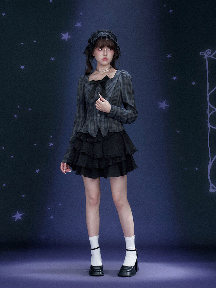 Jirai Plaid Bow Corset Long Sleeve Top