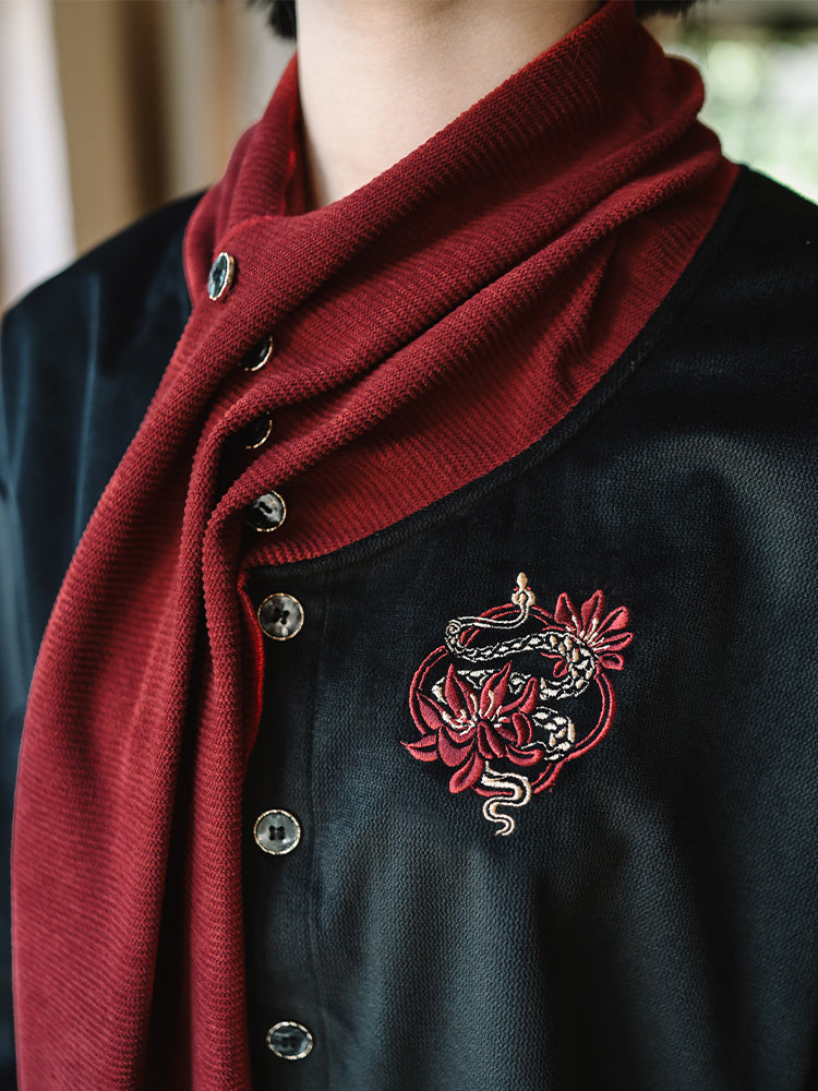 Chinese-style Black Shirt with Gathered Collar Design