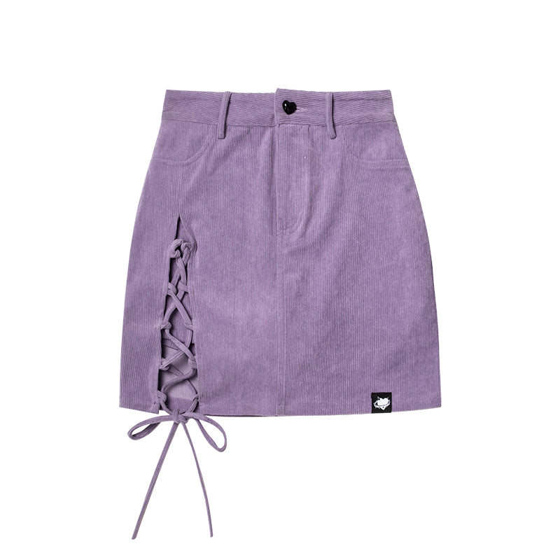 Purple Corduroy Tie-Waist Slit Mini Skirt