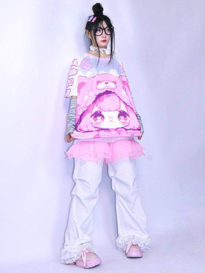 Pink Pixel Bear Girl Oversized T-Shirt