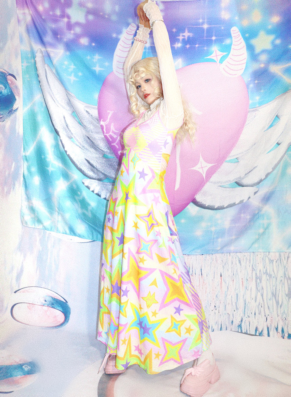 Pastel Rainbow Star Print Maxi Dress