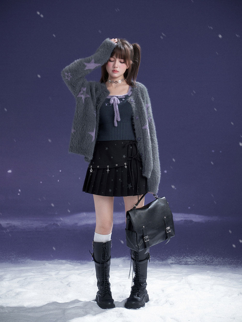 Black Star Charm Bow Pleated Mini Skirt