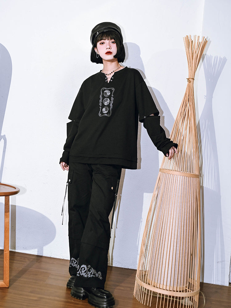 Trendy Chinese-style V-neck top with detachable long sleeves