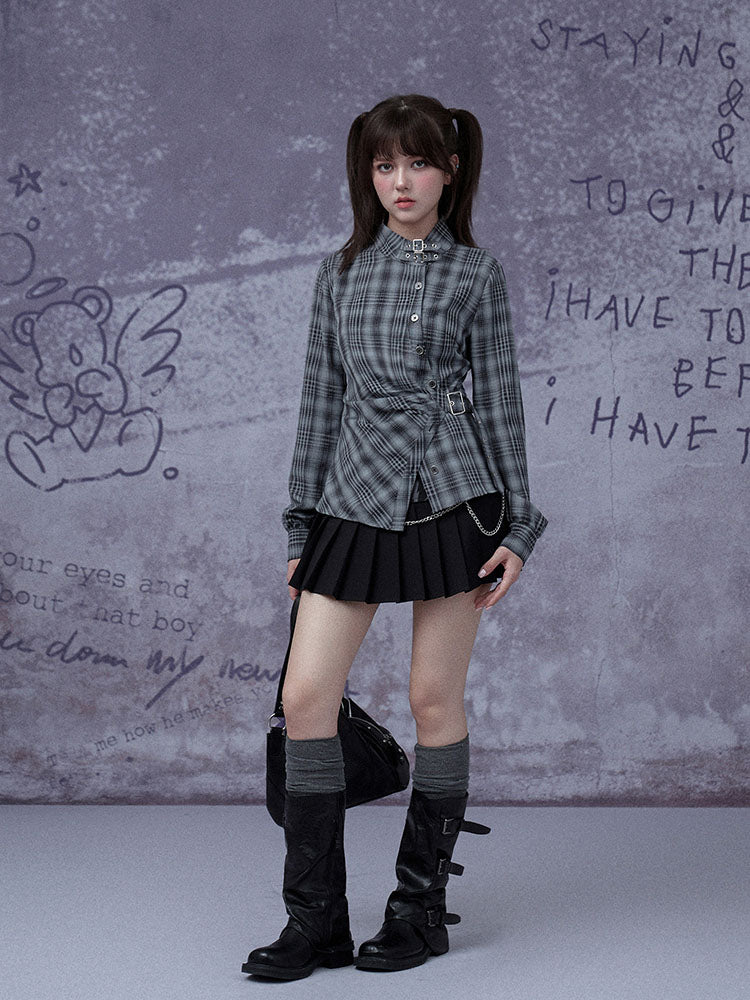 Grunge Asymmetric Plaid Buckle Neck Top