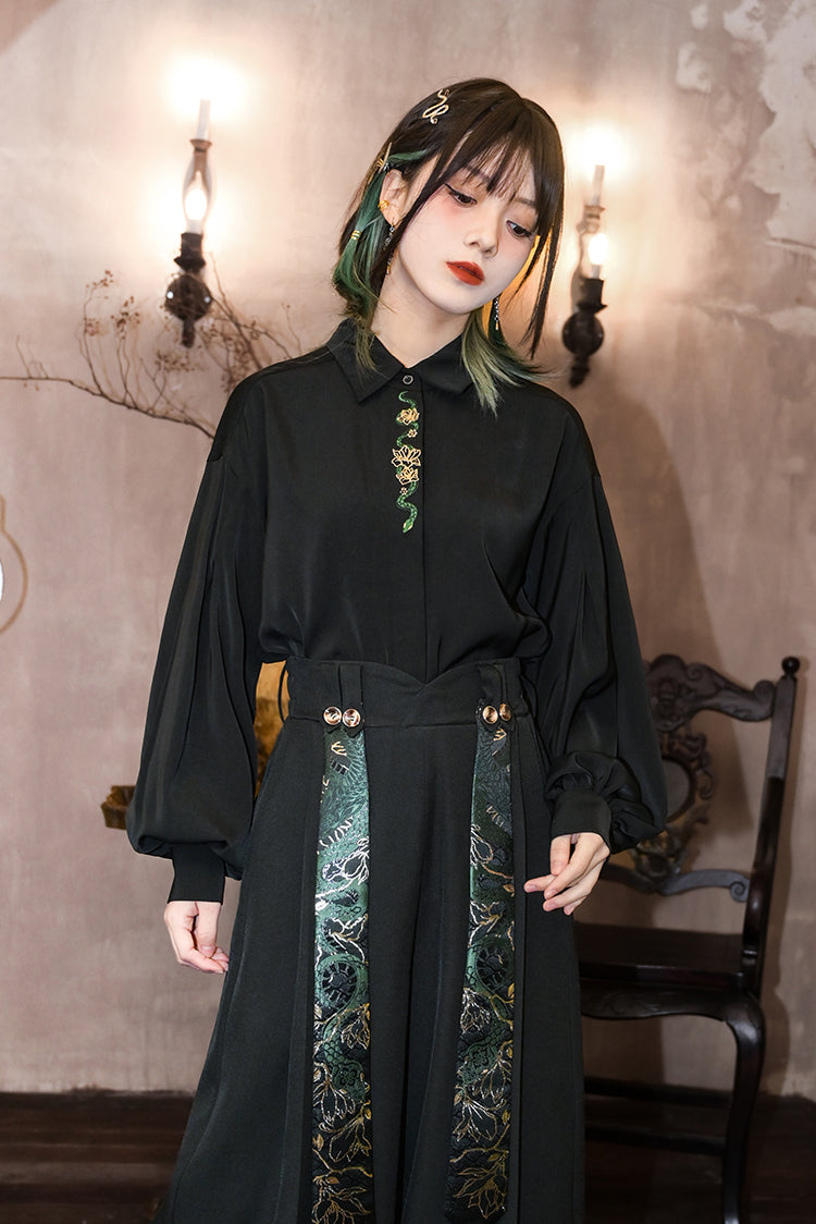 Black Chinese-style shirt with snake embroidery