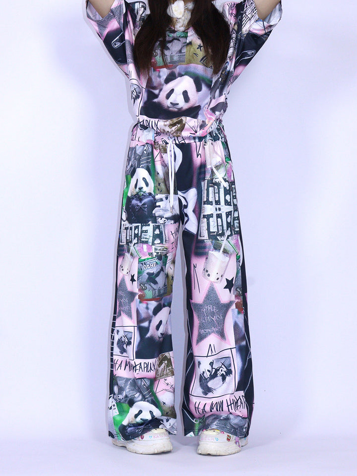 Black Pink Panda Graphic Wide Leg Pants