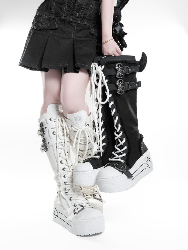 Platform Lace-Up Buckle Knee-High Boots