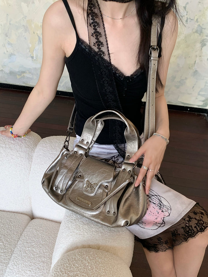 Y2K Metallic Silver Butterfly Biker Shoulder Bag