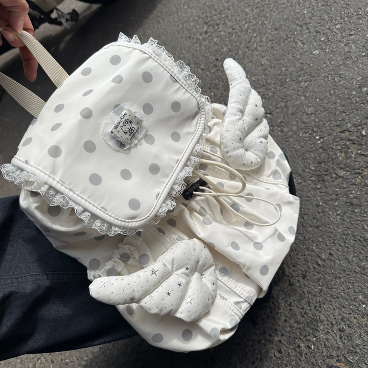 Cream Polka Dot Angel Wings Drawstring Backpack
