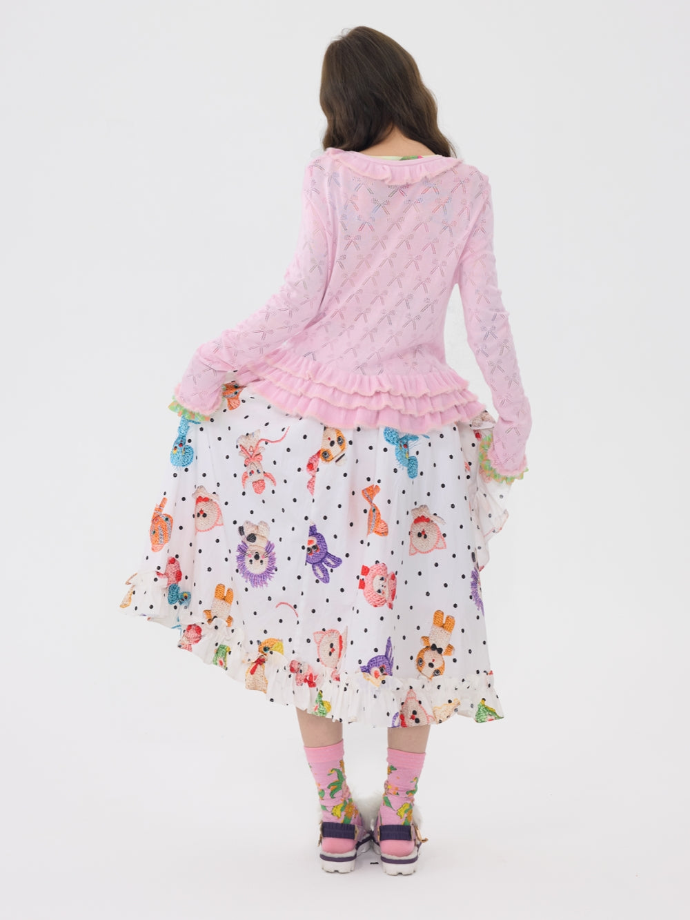 Cute Pink Ruffle Hem Knit Cardigan