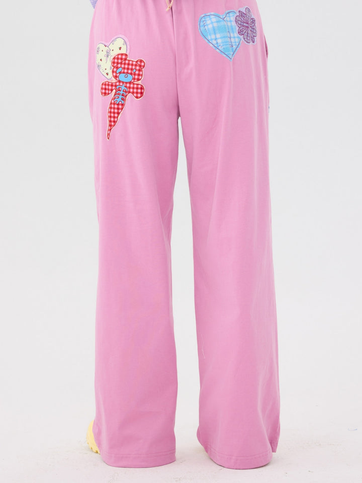 Pink Teddy Bear Patch Wide Leg Pants