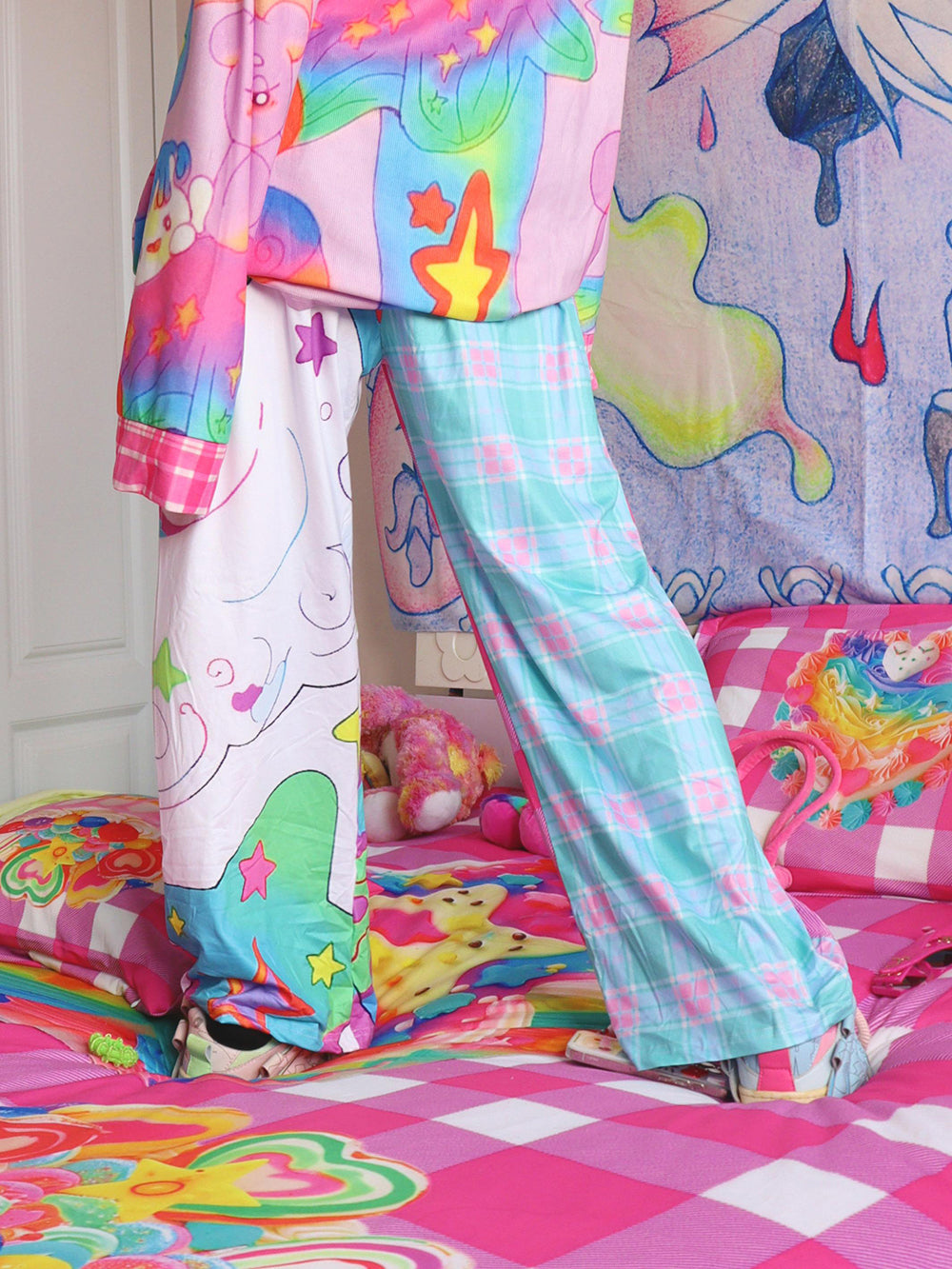 Mismatched Star Check Wide Leg Pants