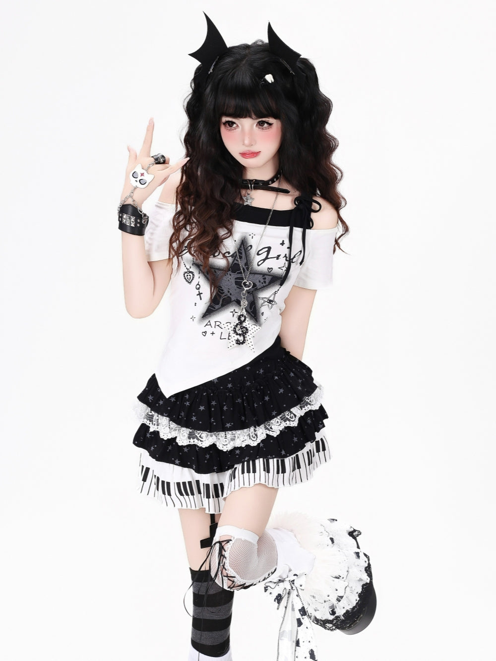 Black White Star Graphic Cold Shoulder T Shirt
