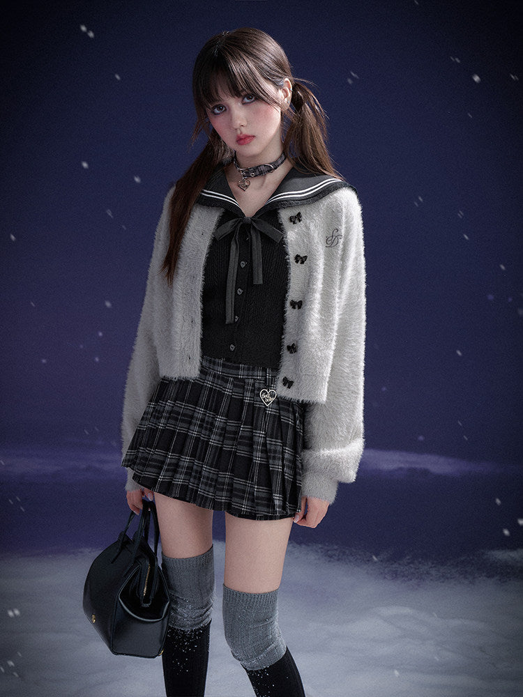 Black Plaid Heart Charm Pleated Skort