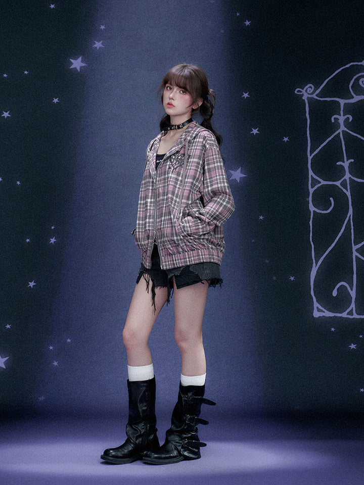 Jirai Plaid Star Zip Up Hoodie Jacket