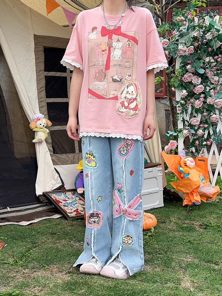 Cartoon Embroidery Flared High-waisted Jeans