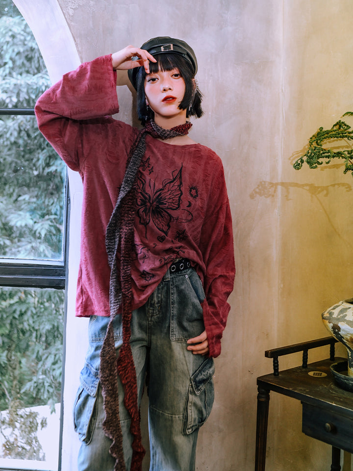 Butterfly Print Red distressed long-sleeve top