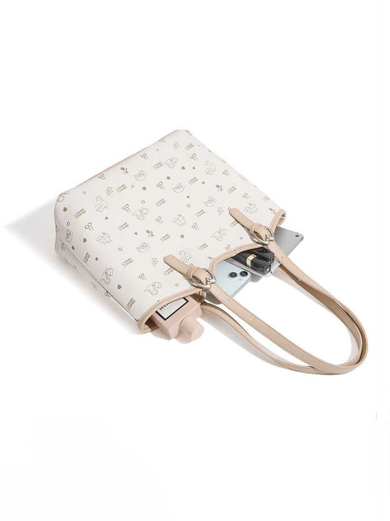 Large-capacity cat and floral print tote bag